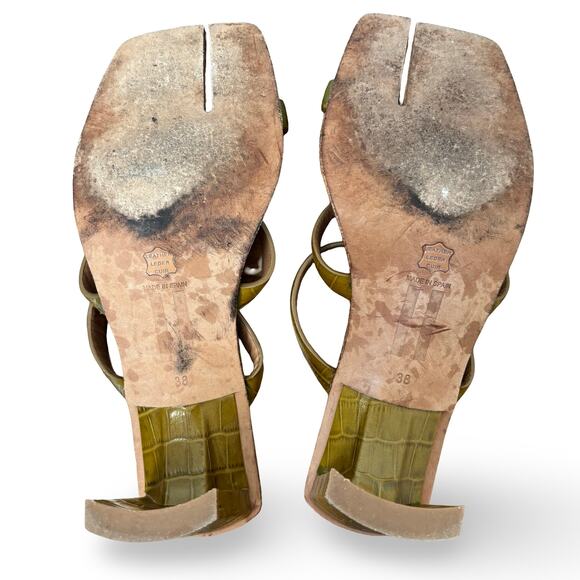 Miista Croc Embossed Olive Green Strappy Split Square Toe Heels Size 38 - Picture 9 of 9